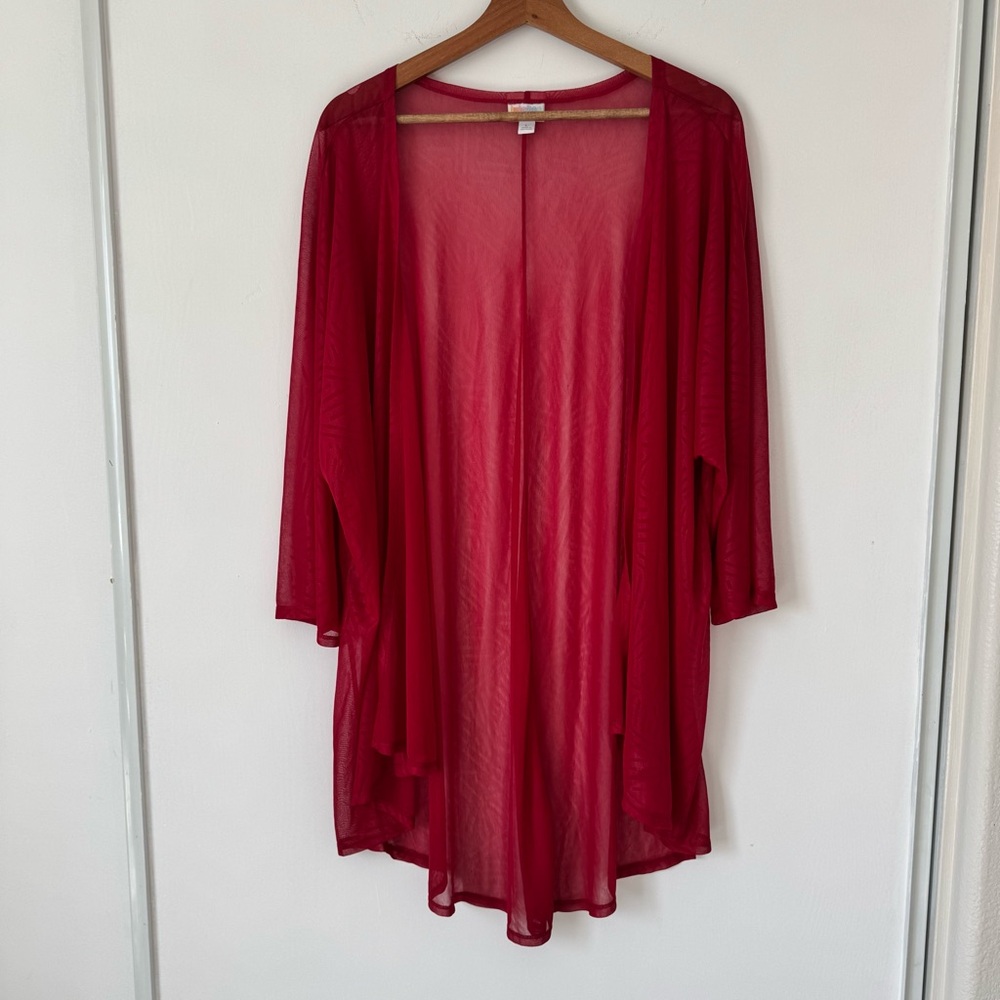 LulaRoe Lindsay Sheer Bell Sleeve Red Kimono Wrap Size Large - Picture 2 of 6